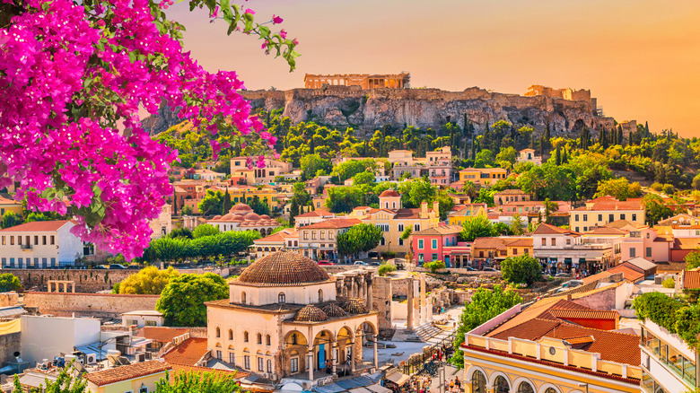Skyline of Athens with Monastiraki square and Acropolis hill during sunset