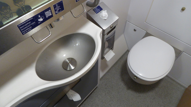 white toilet and metal sink on german train