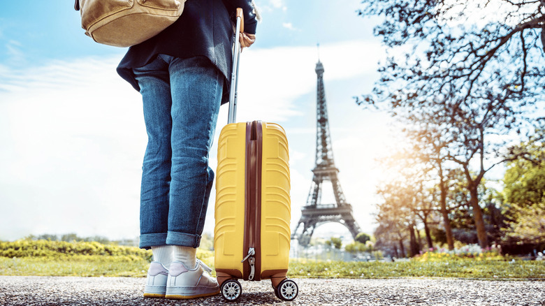 Someone with a backpack and a rolling suitcase in Paris