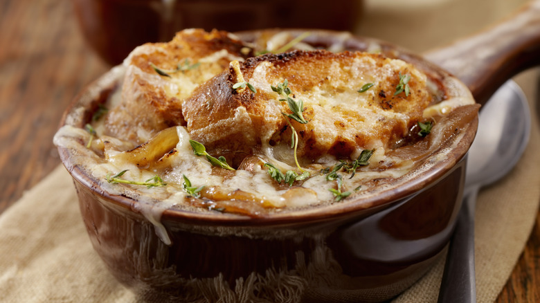 A closeup of French onion soup