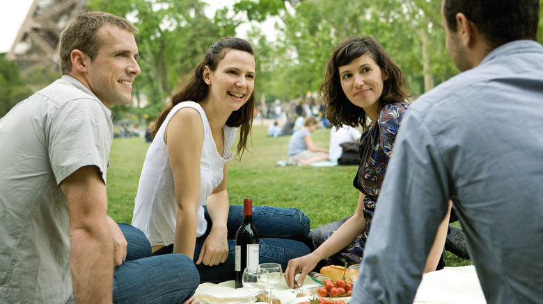 People at a picnic in Paris near the Eiffel Tower