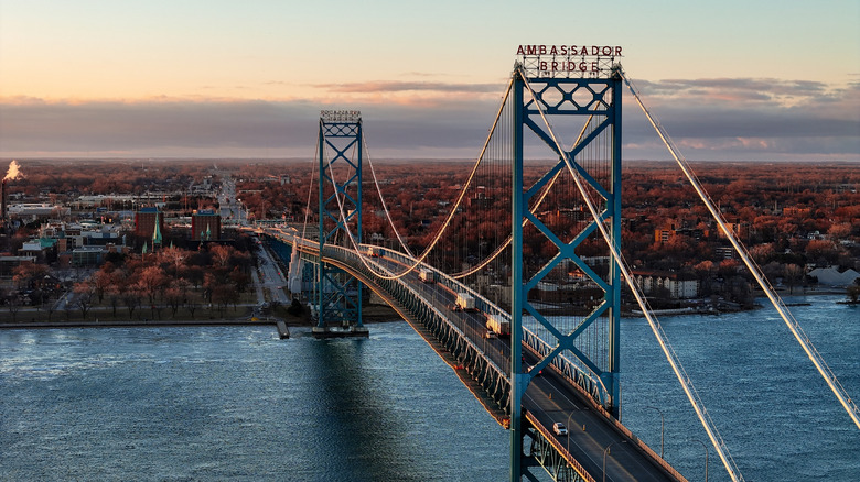 View across the Ambassador Bridge into Windsor, Ontario, with Assumption Park and Our Lady of the Assumption Church