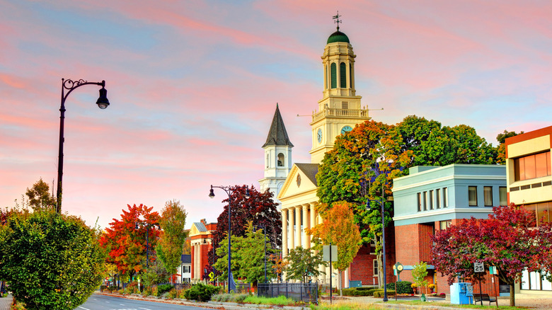 Street view of Pittsfield, Massachusetts at sunrise.