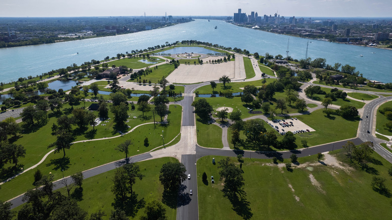 Aerial view of Belle Isle on the Detroit River