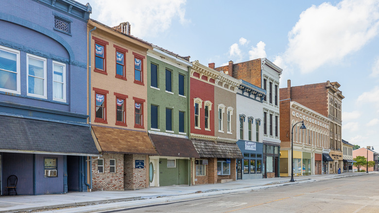 colorful houses lining the street in Connersville, Indiana