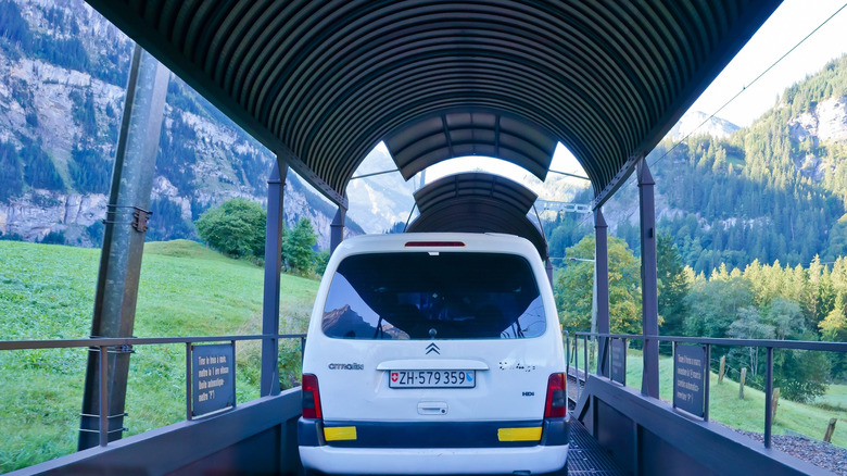 A car inside the Autoverlad in Kandersteg, Switzerland