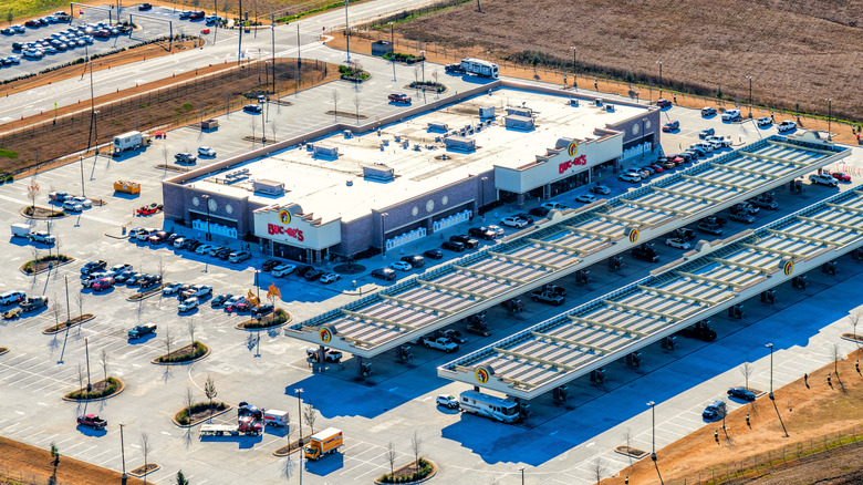 Aerial shot of a giant concrete Buc-ee's complex