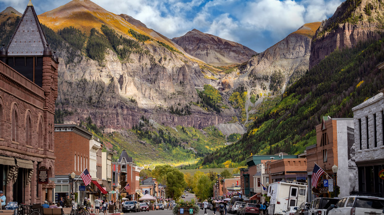 A view of the mountains down Colorado Avenue in Telluride in the fall