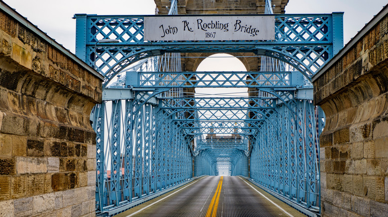 The John A. Roebling Suspension Bridge seen from the road