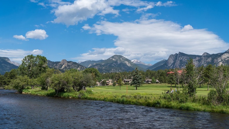 View of river and mountains from Lake Estes in Estes Park.