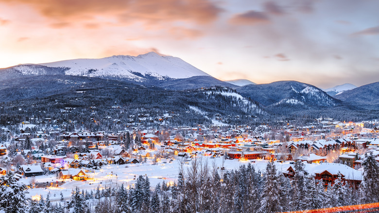 Aerial view of Breckenridge, Colorado in the snow.