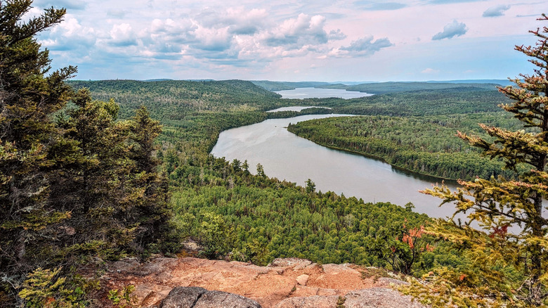 The panoramic view of lakes between the trees from Rose Lake Cliffs