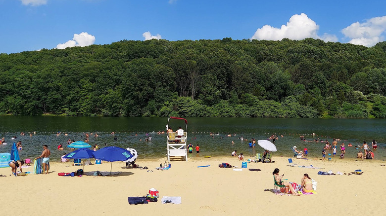 A crowded lakefront beach with a lifeguard stand on the sand at Round Valley Recreation Area in New Jersey