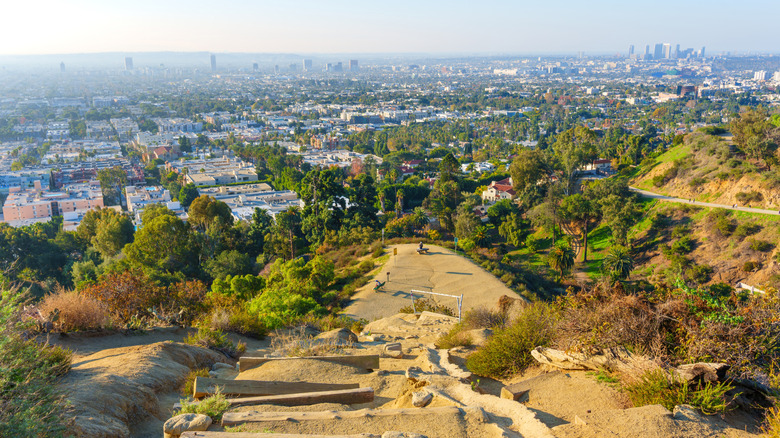 A scenic view of the Los Angeles skyline at Runyon Canyon in the Hollywood Hills of Los Angeles