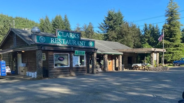 The facade of Clark's Restaurant in Cosmopolis, Washington on a sunny day