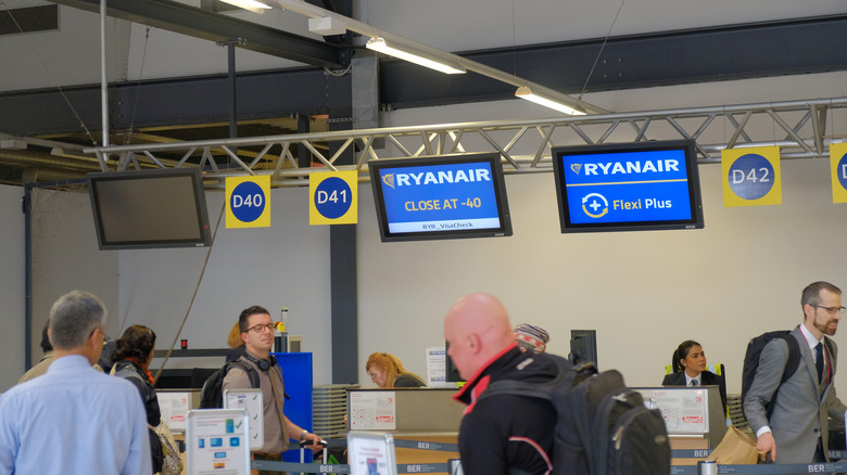 Passengers checking in for a Ryanair flight
