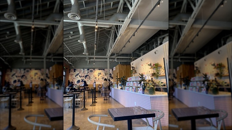 Interior of Camellia Coffee Roasters with pink counter in Sacramento