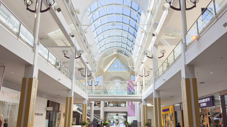 Interior of Arden Fair in Sacramento, showing a skylight over two floors of shops
