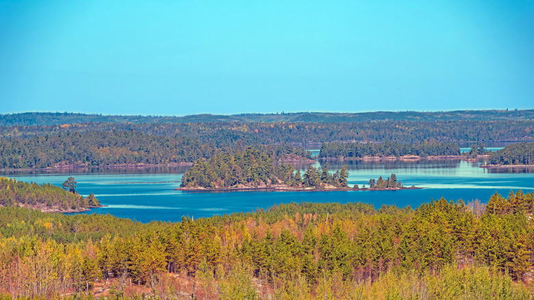 Blue water dotted with islands, surrounded by trees at Saganaga Lake