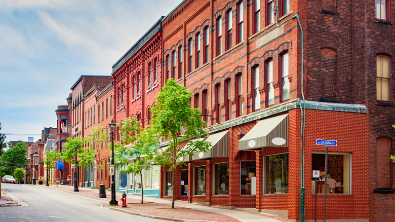 Brick buildings housing shops and boutiques in historic downtown Saint John, Canada