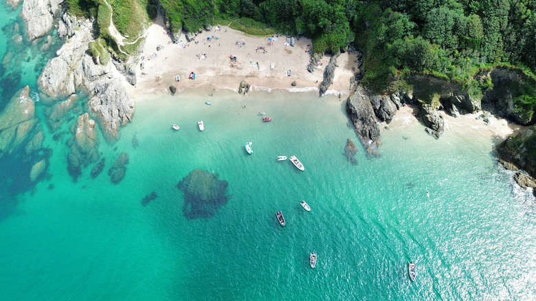 Aerial view of Sunny Cove with a few small boats anchored and people enjoying the small beach