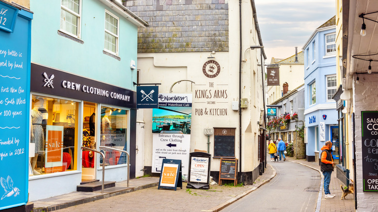 A narrow street in Salcombe town center, with local shops, a pub, and people walking