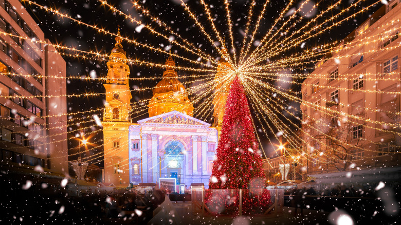 Christmas decorations and tree outside St. Stephen's Basilica in Budapest, Hungary