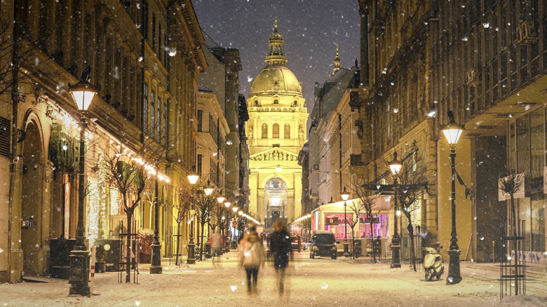 Snow falling in the streets of Budapest, Hungary, during winter