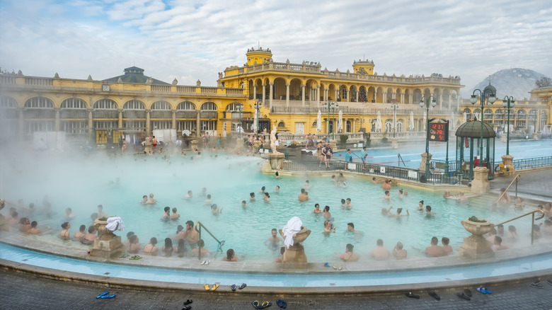 Bathers enjoying the Széchenyi thermal baths in Budapest, Hungary