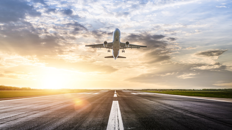 Plane taking off at sunrise