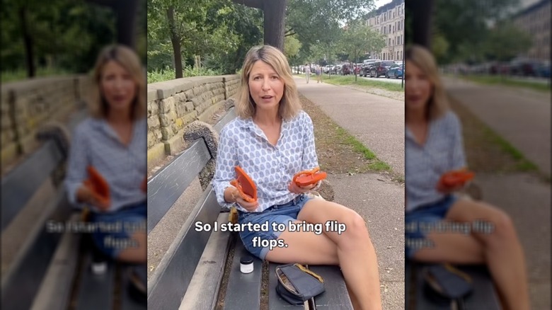 Samantha Brown showing orange flip flops