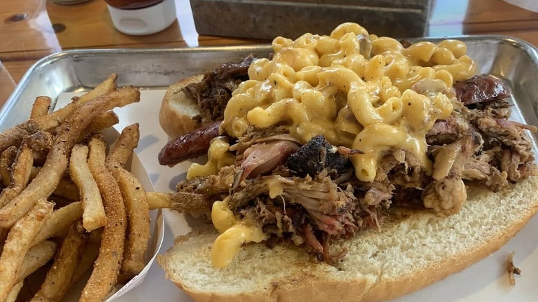 Sandwich with meat and mac and cheese from Smoke Shack BBQ