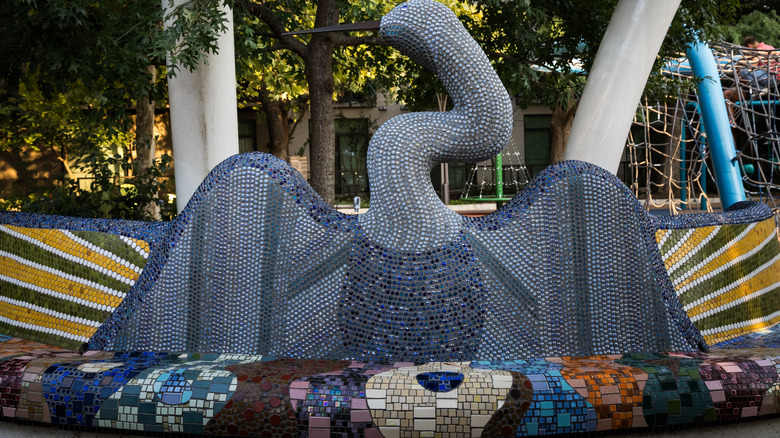 Mosaic bird sculpture at Yanaguana Garden in San Antonio