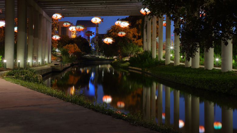 Fish art installation above the River Walk in San Antonio