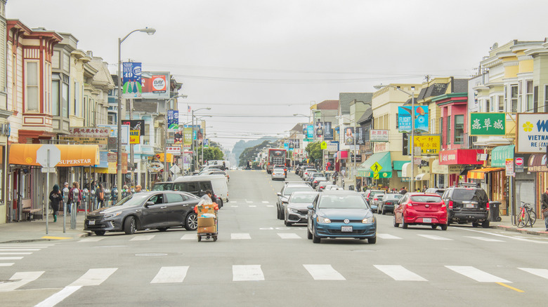 Busy street during daytime on Clement Street in San Francisco's second Chinatown.