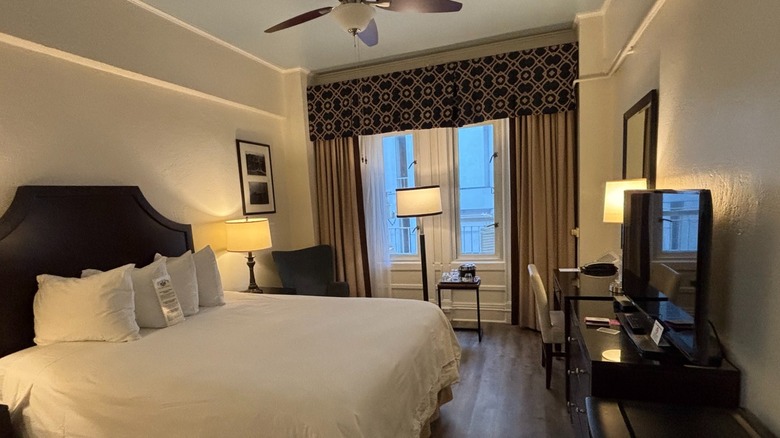 A bedroom at the Chancellor Hotel on Union Square overlooking the street near Union Square.