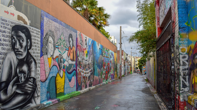 San Francisco Mission District with Street Art and Murals painted on walls