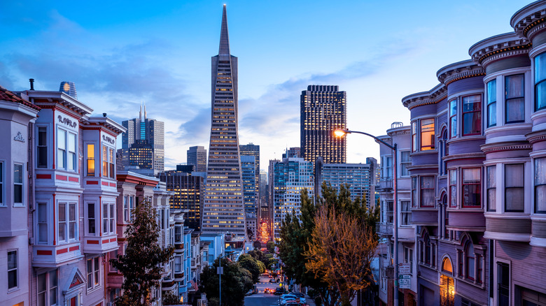 The San Francisco skyline at dusk, flanked by Victorian architecture