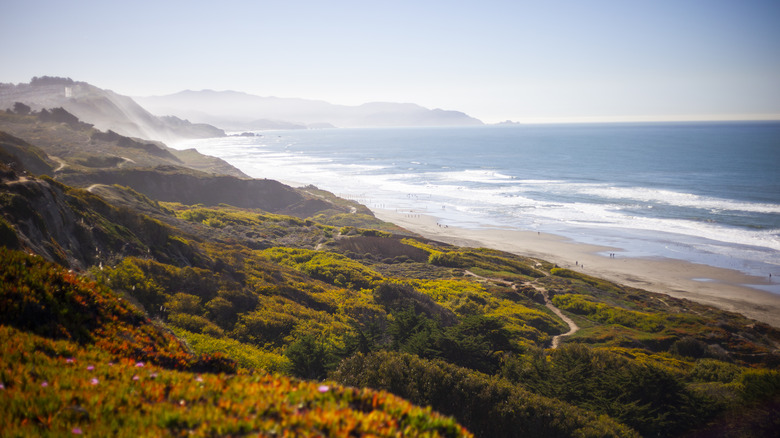 High angle view of Fort Funston beach and surrounding green hills