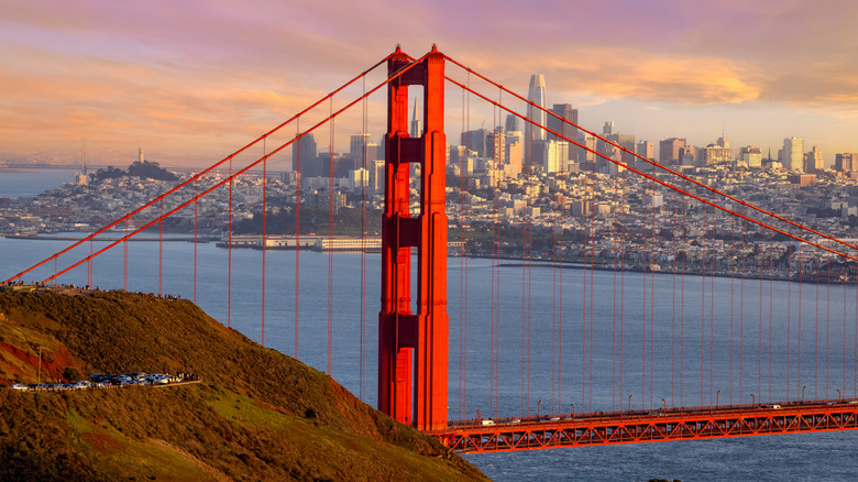 An aerial view of the Golden Gate Bridge and San Francisco skyline