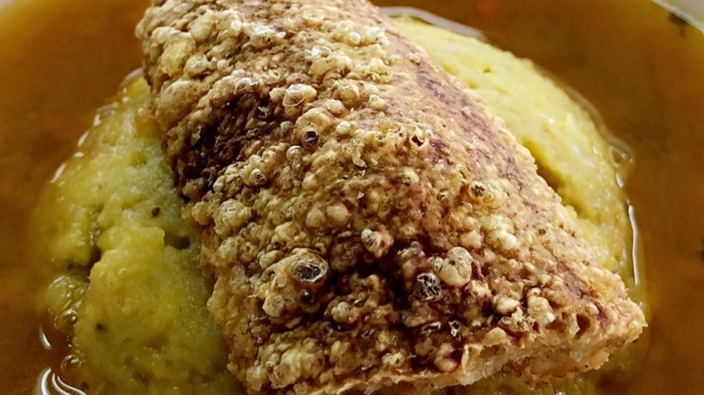 mofongo with chicken broth and chicharron from El Mofongo Ahogao
