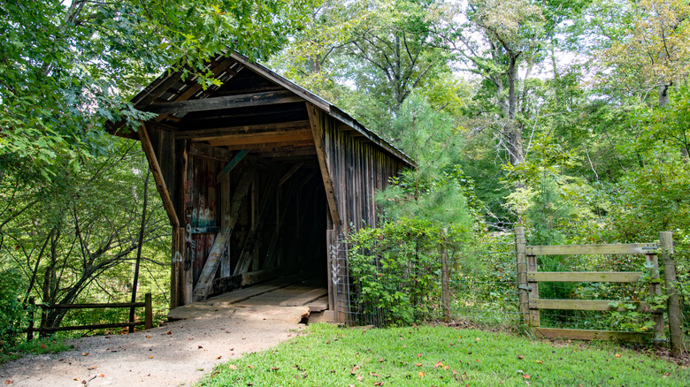 The Bunker Hill Covered Bridge surrounded by forest