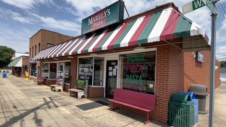 The facade of Marely's Pizza in downtown Claremont, North Carolina