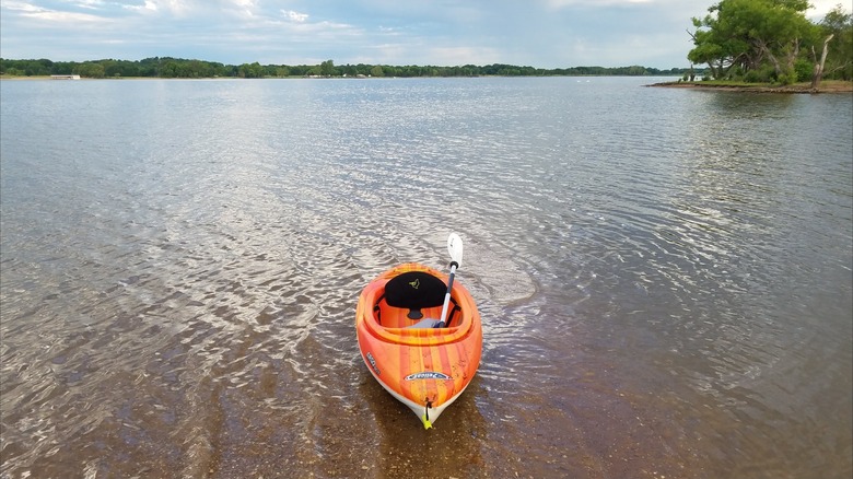A kayak on the Lake Hudson shore at Snowdale State Park, Salina, Oklahoma