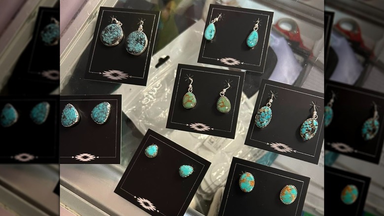 A few pairs of turquoise earrings set in silver at Chris Crosby's Purple Coyote, Salina, Oklahoma