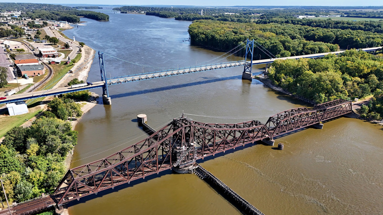 Railroad bridge and traffic bridge crossing the Mississippi River at Clinton, Iowa
