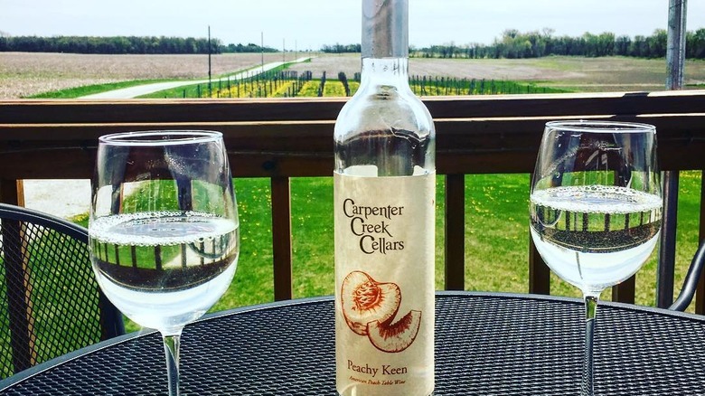two glasses of wine on a wire table overlooking fields and a vineyard