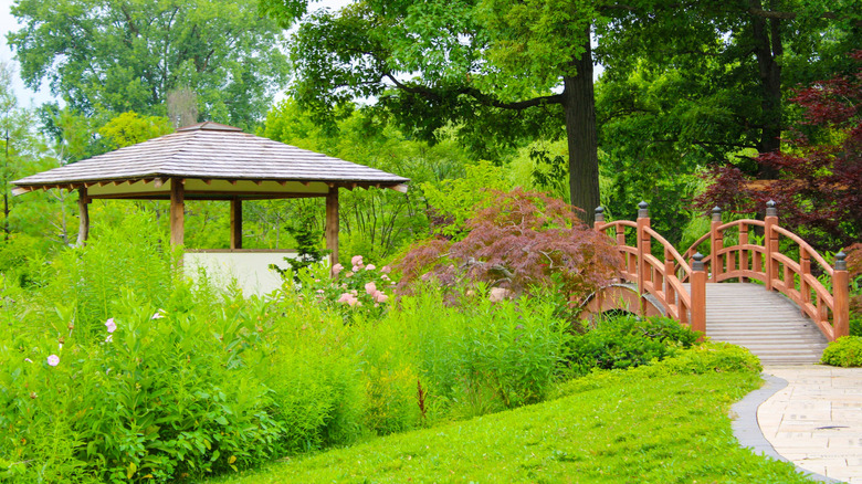 View of the lush landscape at Wellfield Botanic Gardens in Indiana