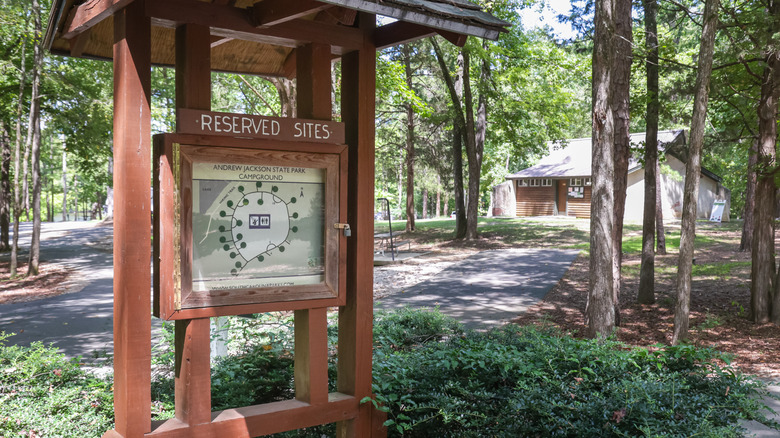 A welcome sign greets visitors to the park campground inside Andrew Jackson State Park in South Carolina