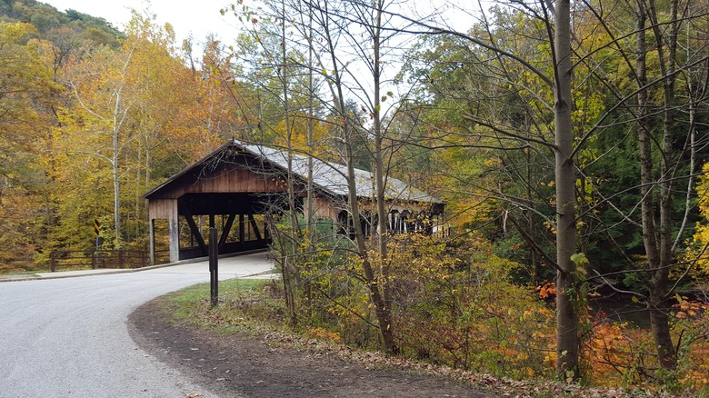 A covered bridge in Perrysville, Ohio, during fall
